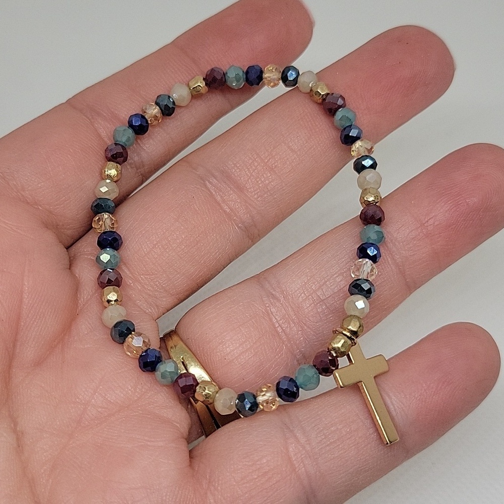 Cross Gold Tone Beaded 7" Stretch Bracelet